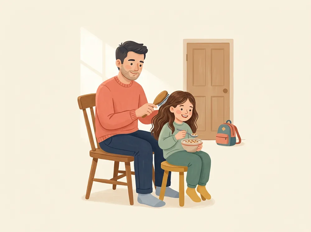 A father brushing his daughter's hair in the morning